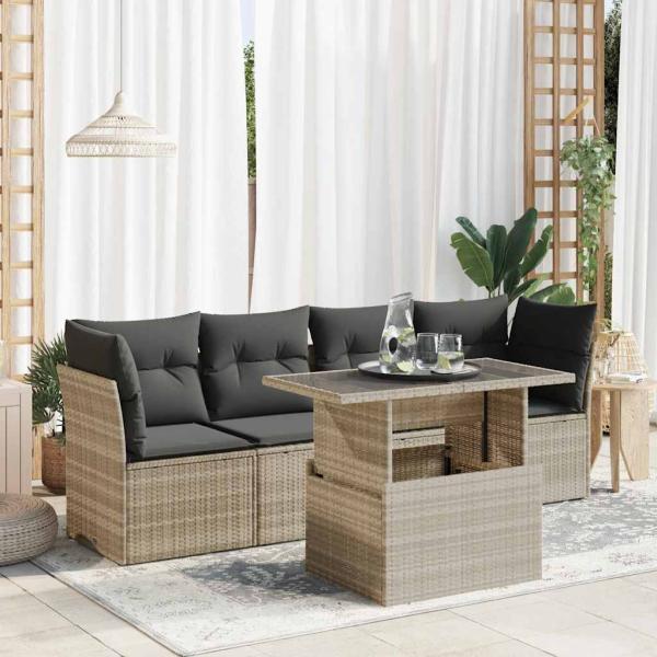 ARDEBO.de - 5-tlg. Garten-Sofagarnitur mit Kissen Hellgrau Poly Rattan
