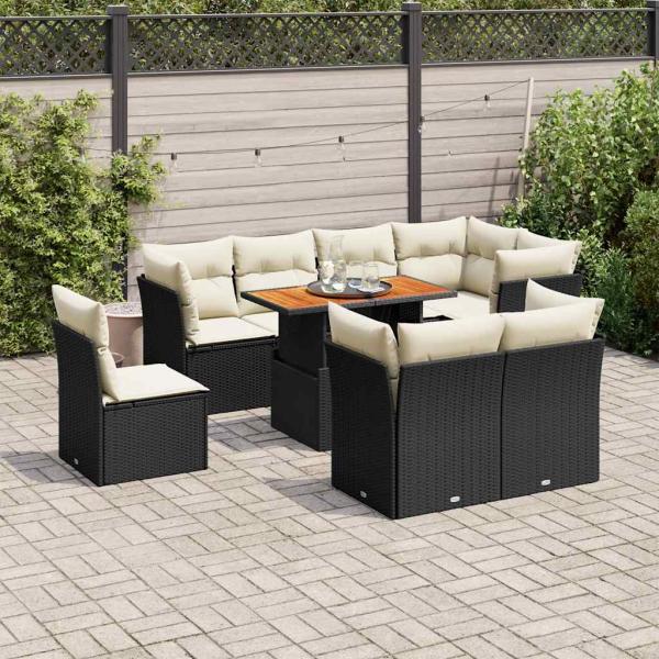 ARDEBO.de - 9-tlg. Garten-Sofagarnitur mit Kissen Schwarz Poly Rattan
