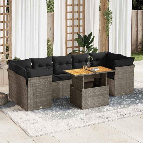 ARDEBO.de - 8-tlg. Garten-Sofagarnitur mit Kissen Grau Poly Rattan
