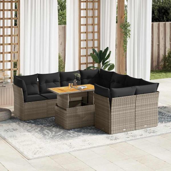 ARDEBO.de - 9-tlg. Garten-Sofagarnitur mit Kissen Grau Poly Rattan