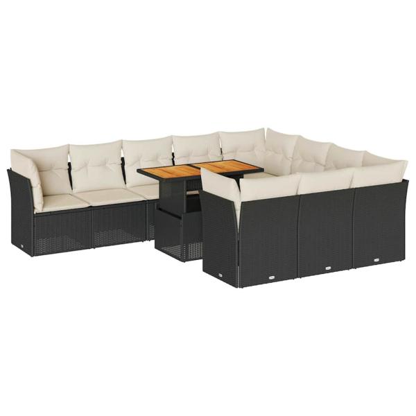 11-tlg. Garten-Sofagarnitur mit Kissen Schwarz Poly Rattan