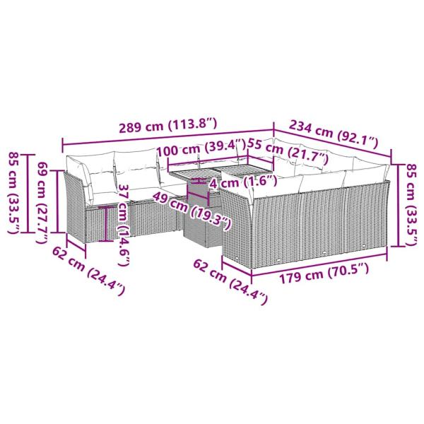 11-tlg. Garten-Sofagarnitur mit Kissen Schwarz Poly Rattan
