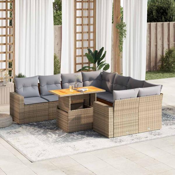 ARDEBO.de - 9-tlg. Garten-Sofagarnitur mit Kissen Beige Poly Rattan