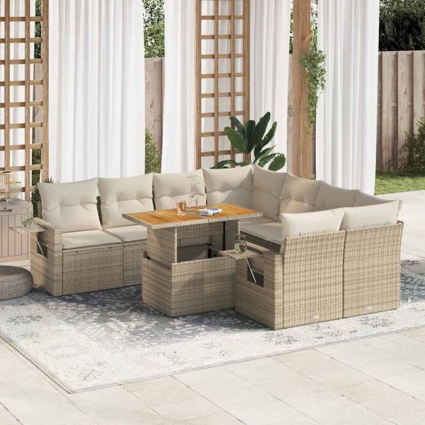 ARDEBO.de - 9-tlg. Garten-Sofagarnitur mit Kissen Beige Poly Rattan