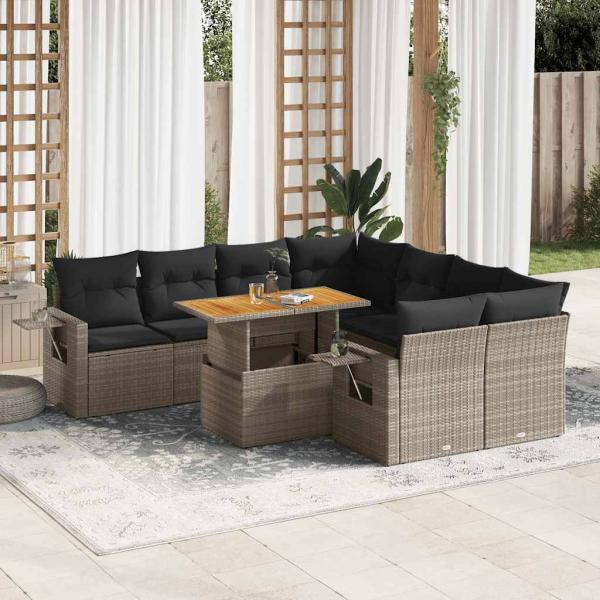 ARDEBO.de - 9-tlg. Garten-Sofagarnitur mit Kissen Grau Poly Rattan