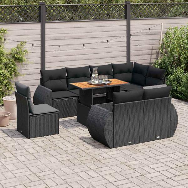 ARDEBO.de - 9-tlg. Garten-Sofagarnitur mit Kissen Schwarz Poly Rattan