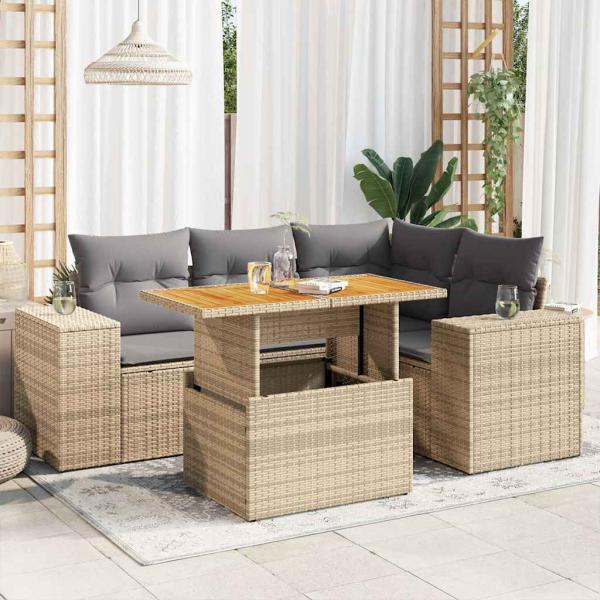 ARDEBO.de - 5-tlg. Garten-Sofagarnitur mit Kissen Beige Poly Rattan