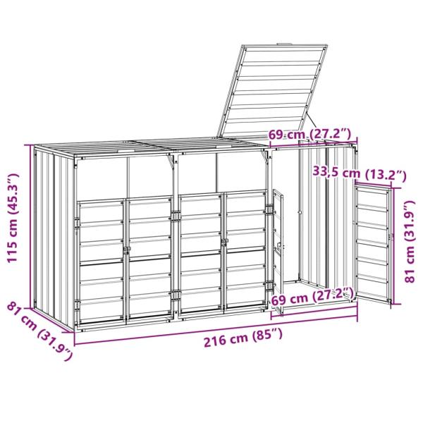 Mülltonnenbox für 3 Tonnen Grau 216x81x115 cm Stahl