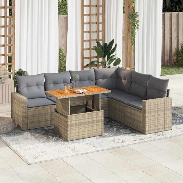 ARDEBO.de - 7-tlg. Garten-Sofagarnitur mit Kissen Beige Poly Rattan