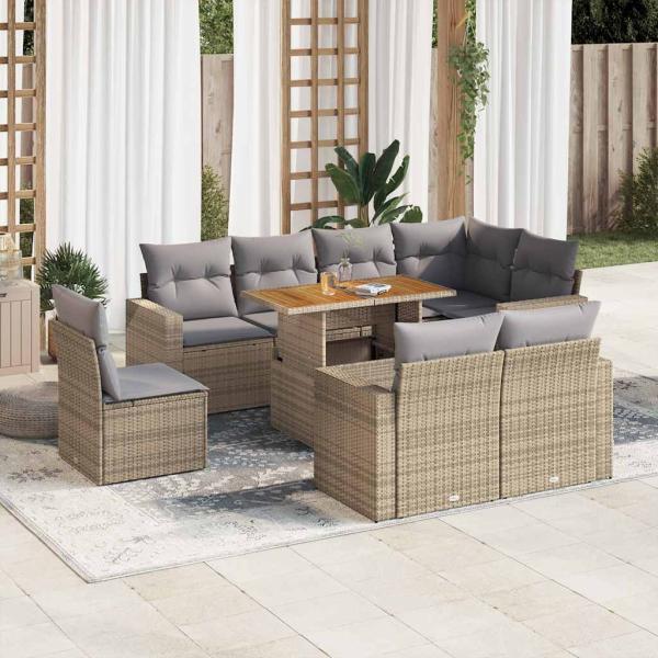 ARDEBO.de - 9-tlg. Garten-Sofagarnitur mit Kissen Beige Poly Rattan