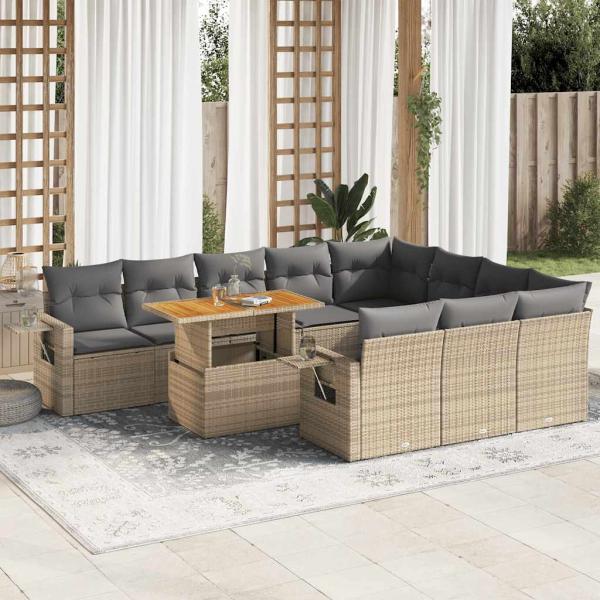 ARDEBO.de - 11-tlg. Garten-Sofagarnitur mit Kissen Beige Poly Rattan