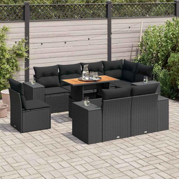 ARDEBO.de - 9-tlg. Garten-Sofagarnitur mit Kissen Schwarz Poly Rattan