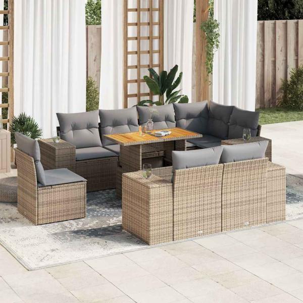 ARDEBO.de - 9-tlg. Garten-Sofagarnitur mit Kissen Beige Poly Rattan