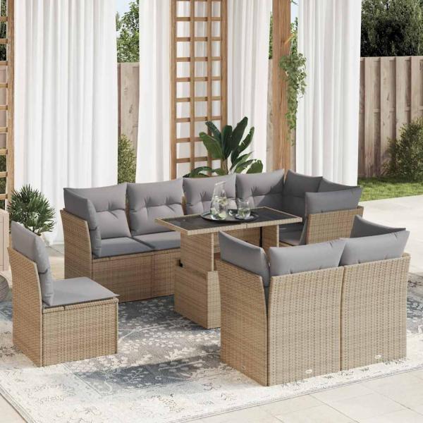 ARDEBO.de - 9-tlg. Garten-Sofagarnitur mit Kissen Beige Poly Rattan
