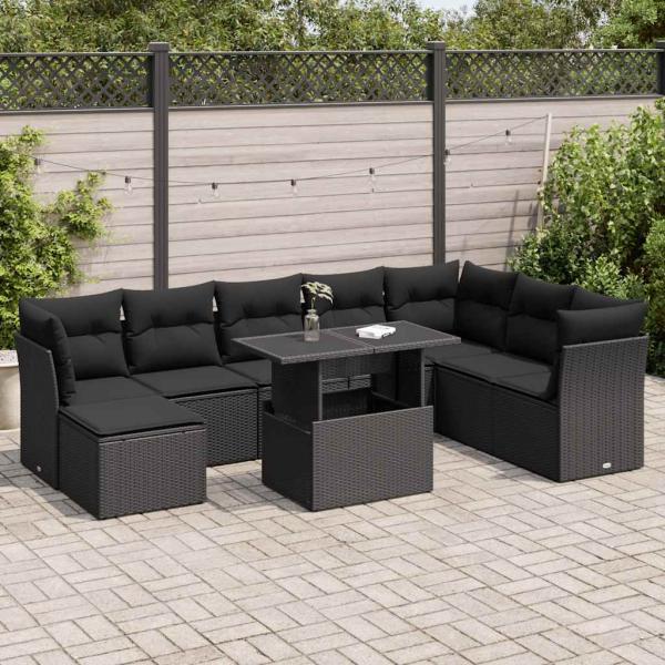 ARDEBO.de - 9-tlg. Garten-Sofagarnitur mit Kissen Schwarz Poly Rattan