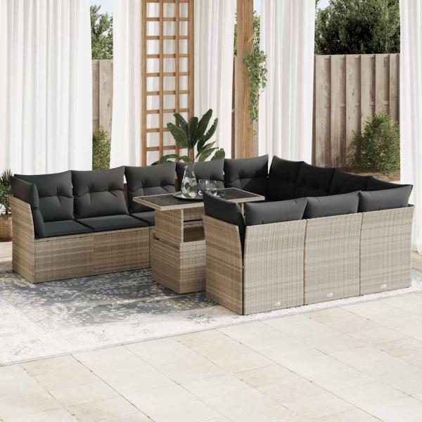 ARDEBO.de - 11-tlg. Garten-Sofagarnitur mit Kissen Hellgrau Poly Rattan
