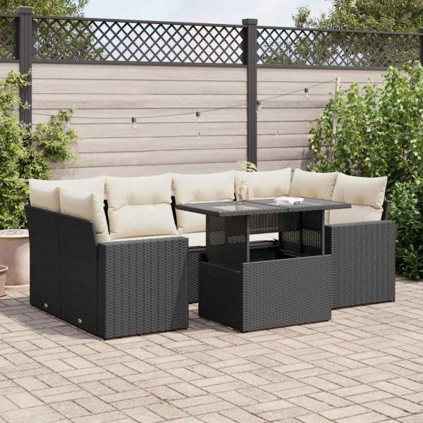 ARDEBO.de - 7-tlg. Garten-Sofagarnitur mit Kissen Schwarz Poly Rattan