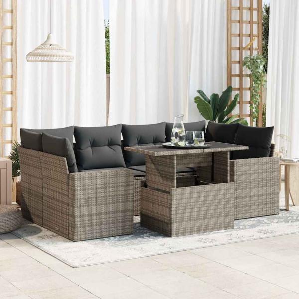 ARDEBO.de - 7-tlg. Garten-Sofagarnitur mit Kissen Grau Poly Rattan