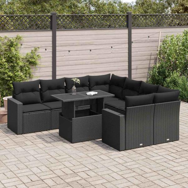 ARDEBO.de - 9-tlg. Garten-Sofagarnitur mit Kissen Schwarz Poly Rattan
