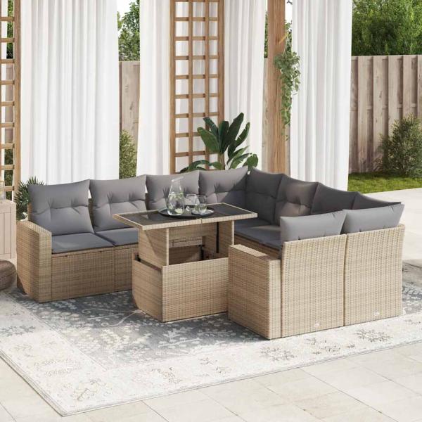 ARDEBO.de - 9-tlg. Garten-Sofagarnitur mit Kissen Beige Poly Rattan