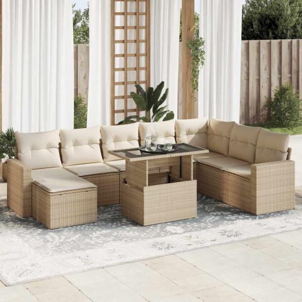 ARDEBO.de - 9-tlg. Garten-Sofagarnitur mit Kissen Beige Poly Rattan