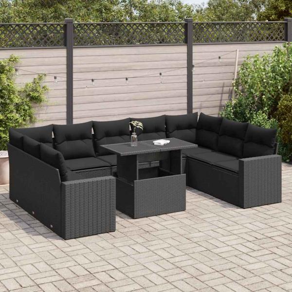 ARDEBO.de - 10-tlg. Garten-Sofagarnitur mit Kissen Schwarz Poly Rattan
