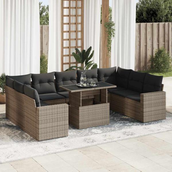 ARDEBO.de - 10-tlg. Garten-Sofagarnitur mit Kissen Grau Poly Rattan