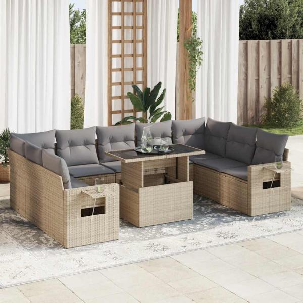 ARDEBO.de - 10-tlg. Garten-Sofagarnitur mit Kissen Beige Poly Rattan