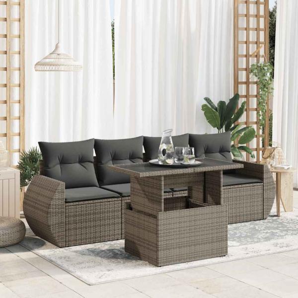 ARDEBO.de - 5-tlg. Garten-Sofagarnitur mit Kissen Grau Poly Rattan