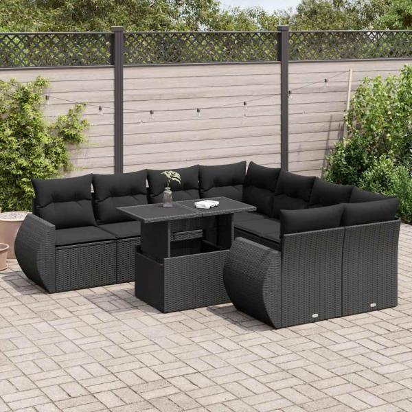 ARDEBO.de - 9-tlg. Garten-Sofagarnitur mit Kissen Schwarz Poly Rattan