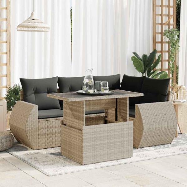 ARDEBO.de - 5-tlg. Garten-Sofagarnitur mit Kissen Hellgrau Poly Rattan