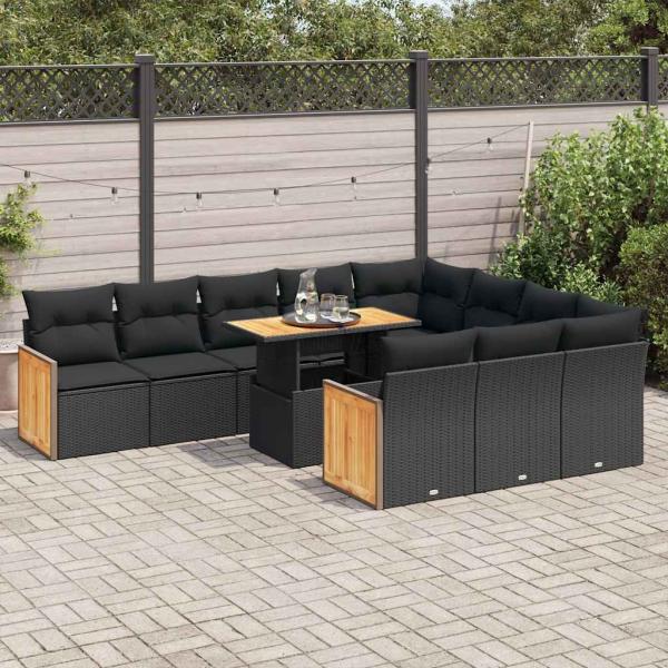 ARDEBO.de - 11-tlg. Garten-Sofagarnitur mit Kissen Schwarz Poly Rattan