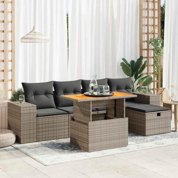 ARDEBO.de - 6-tlg. Garten-Sofagarnitur mit Kissen Grau Poly Rattan Akazie