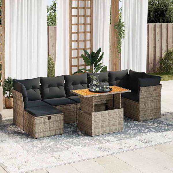 ARDEBO.de - 8-tlg. Garten-Sofagarnitur mit Kissen Grau Poly Rattan Akazie