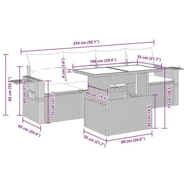 5-tlg. Garten-Sofagarnitur mit Kissen Schwarz Poly Rattan