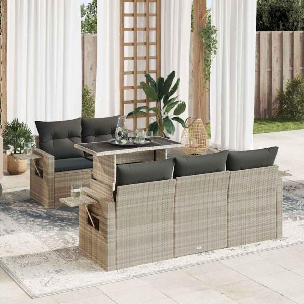 ARDEBO.de - 6-tlg. Garten-Sofagarnitur mit Kissen Hellgrau Poly Rattan
