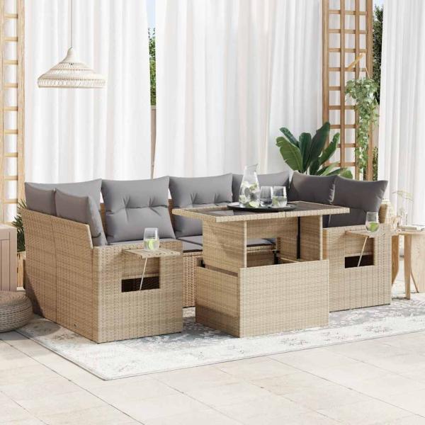 ARDEBO.de - 7-tlg. Garten-Sofagarnitur mit Kissen Beige Poly Rattan