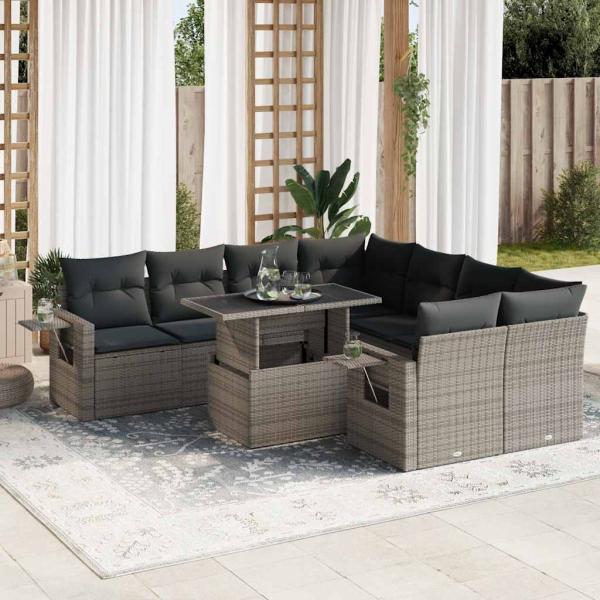 ARDEBO.de - 9-tlg. Garten-Sofagarnitur mit Kissen Grau Poly Rattan