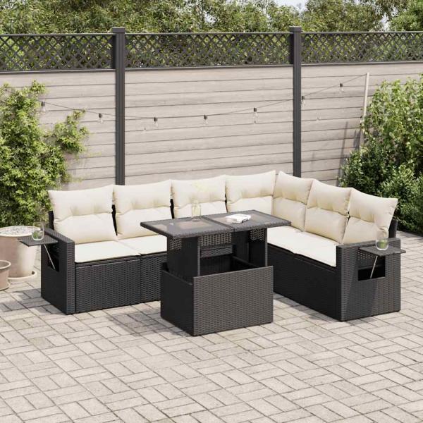 ARDEBO.de - 7-tlg. Garten-Sofagarnitur mit Kissen Schwarz Poly Rattan
