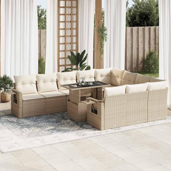 ARDEBO.de - 11-tlg. Garten-Sofagarnitur mit Kissen Beige Poly Rattan
