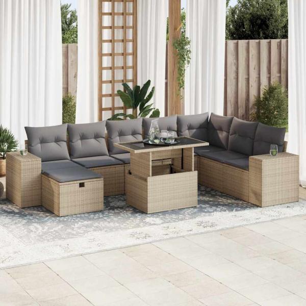 ARDEBO.de - 9-tlg. Garten-Sofagarnitur mit Kissen Beige Poly Rattan