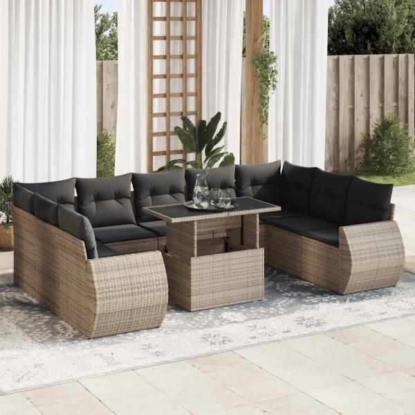 ARDEBO.de - 10-tlg. Garten-Sofagarnitur mit Kissen Grau Poly Rattan