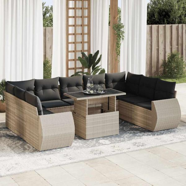 ARDEBO.de - 10-tlg. Garten-Sofagarnitur mit Kissen Hellgrau Poly Rattan