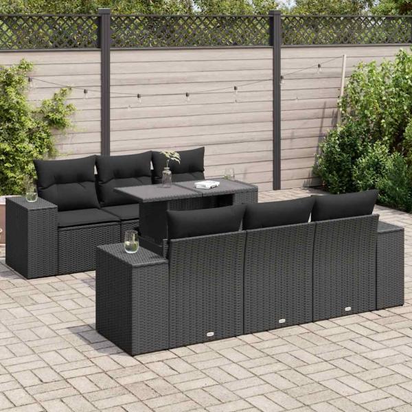 ARDEBO.de - 7-tlg. Garten-Sofagarnitur mit Kissen Schwarz Poly Rattan