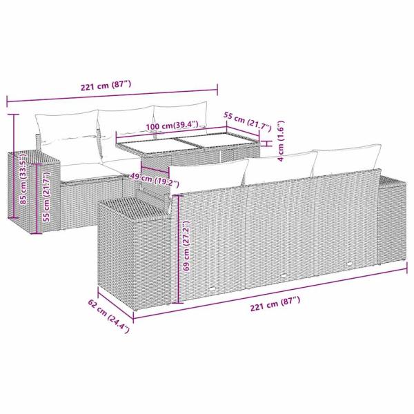 7-tlg. Garten-Sofagarnitur mit Kissen Grau Poly Rattan