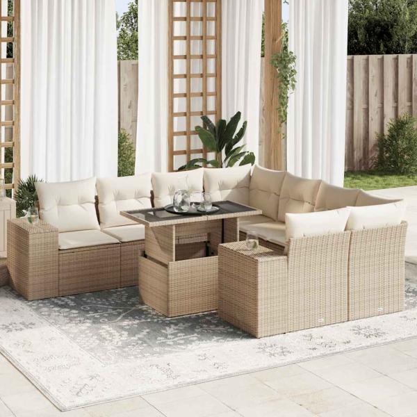 ARDEBO.de - 9-tlg. Garten-Sofagarnitur mit Kissen Beige Poly Rattan
