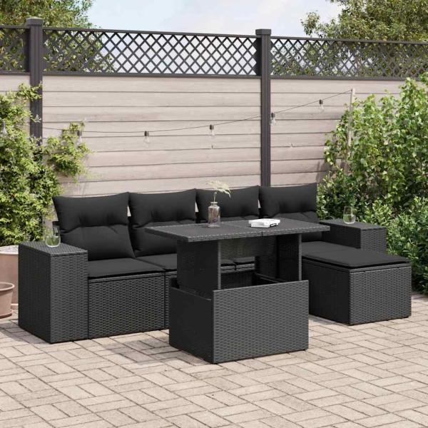 ARDEBO.de - 6-tlg. Garten-Sofagarnitur mit Kissen Schwarz Poly Rattan