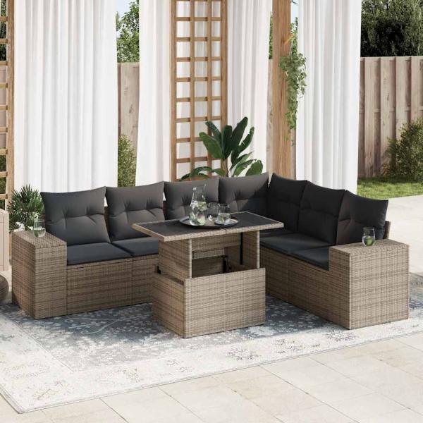 ARDEBO.de - 7-tlg. Garten-Sofagarnitur mit Kissen Grau Poly Rattan