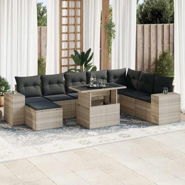 ARDEBO.de - 9-tlg. Garten-Sofagarnitur mit Kissen Hellgrau Poly Rattan