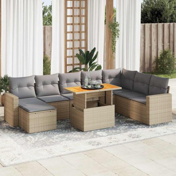 ARDEBO.de - 9-tlg. Garten-Sofagarnitur mit Kissen Beige Poly Rattan